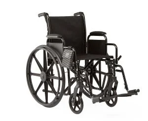 K1 Basic Wheelchair with Desk-Length Arms, Swing-Away Footrests and 2 Bags, 18" Width
